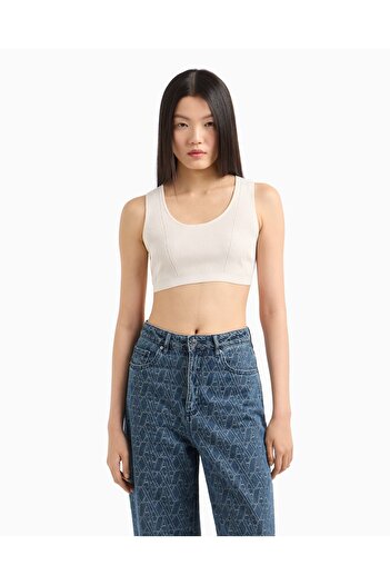 Armani Exchange Women's Knitted Open Round Neck Tight Fit Crop Ecru Bustier Xw 000577   Af12740-U1003