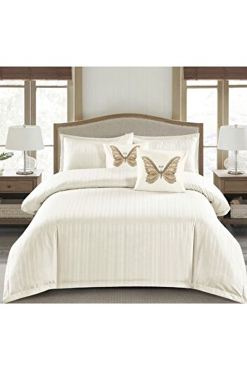 OEM Double bed linen set, 6 pieces, damask plain, butter cream, DFC-015, 1 cm stripes, 230x250 cm