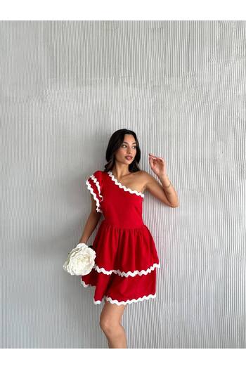 LE CARAMBOLE Women's Red One Shoulder Piping Detailed Summer Short Dress