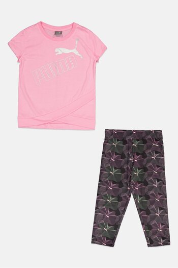 Puma Kids Girl 2Pcs Brand Logo Top And Leggings Outdoor Set, Pink/Black