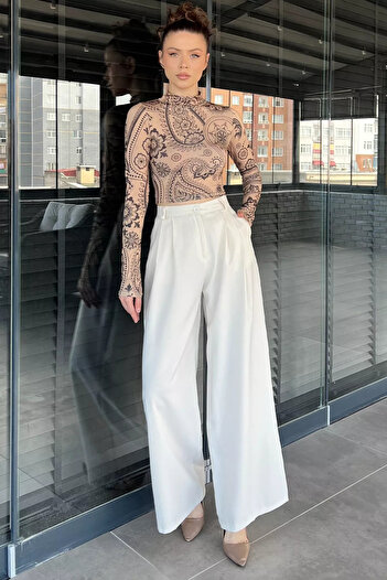GÜLSELİ Cream Women's High Waist Pleated Fabric Pants
