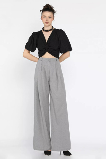 GÜLSELİ Gray Women's High Waist Pleated Fabric Trousers