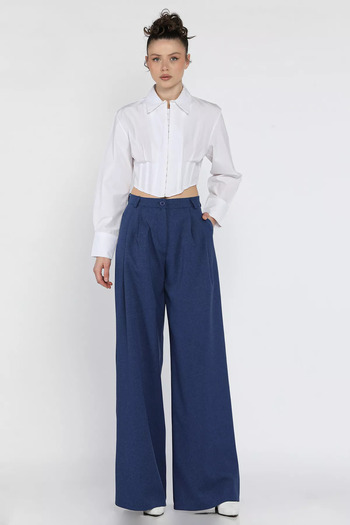 GÜLSELİ Indigo Women's High Waist Pleated Fabric Pants