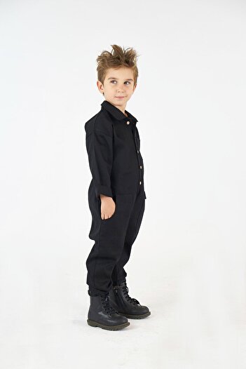 Catz Kids Black Gabardine Collar and Pocket Jumpsuit
