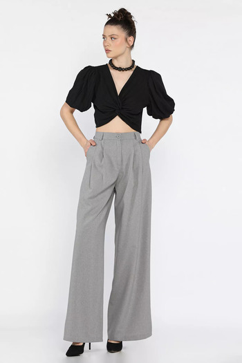 GÜLSELİ Gray Women's High Waist Pleated Fabric Trousers