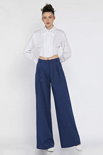 GÜLSELİ Indigo Women's High Waist Pleated Fabric Pants