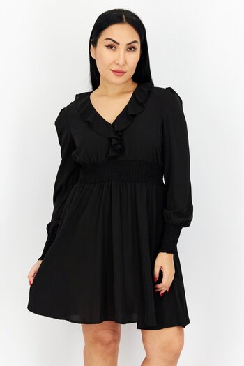 NA-KD Women Ruffle Neck Long Sleeves Textured Mini Dress, Black