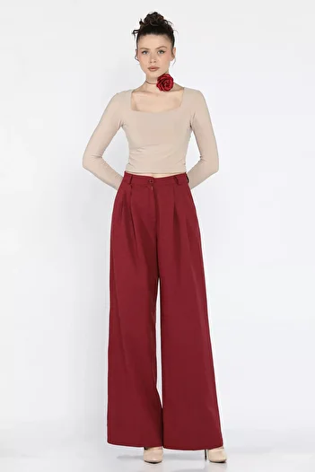 GÜLSELİ Burgundy Women's High Waist Pleated Fabric Pants