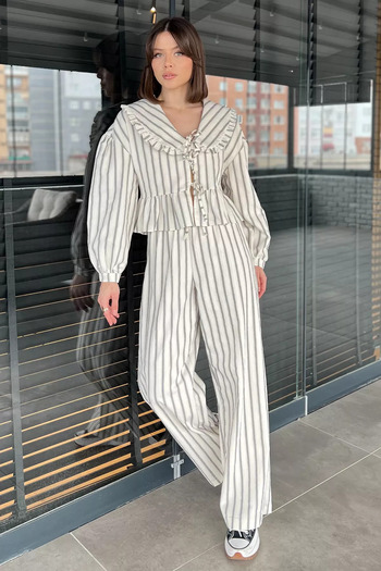 GÜLSELİ Cream Gray Women's Baby Collar Front Tie Blouse Trousers Double Set