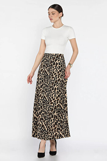 GÜLSELİ Beige Women's Elastic Waist Leopard Patterned Wrapped Kilos Skirt