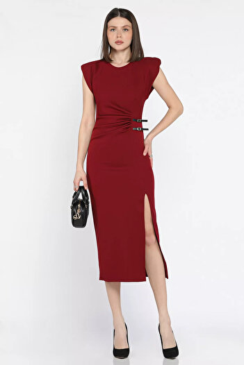 GÜLSELİ Burgundy Waist Draped Padded Side Slit Dress