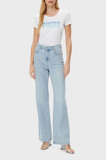Guess CN SS GLITTER DEGRADE LOGO TEE Γυναικείο λευκό μπλουζάκι W5GI14J1314-G011
