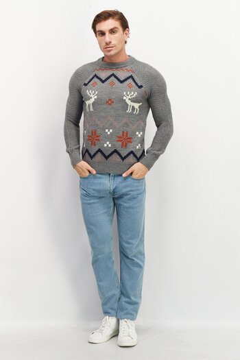 CELIO Men Crew Neck Long Sleeve Textured Sweater, Grey Combo