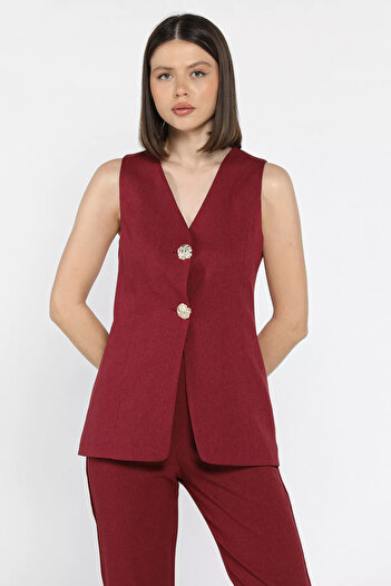 julude Burgundy Lined Button Detailed Women's Vest
