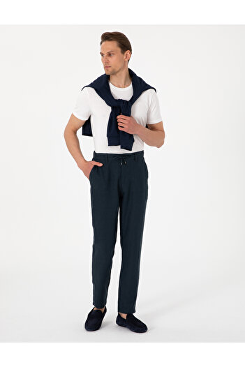 Pierre Cardin Lacivert Carrot Fit %100 Keten Beli Lastikli İpli Kanvas Pantolon 50301811-VR033