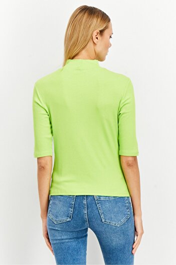 NA-KD Women Turtle Neck Short Sleeve Ribbed Top, Lime Green
