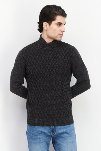CELIO Men Mock Neck Knitted Long Sleeves Sweater, Dark Grey