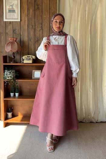 Ceylan Otantik Dusty Rose Linen Skirted Salopet & White Classic Collar Crop Shirt Set