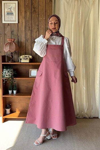 Ceylan Otantik Dusty Rose Linen Skirted Salopet & White Classic Collar Crop Shirt Set