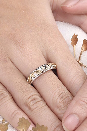 My Diamond Erkek Altın Alyans Yüzük Yaprak Tasarımlı Çift Renk
