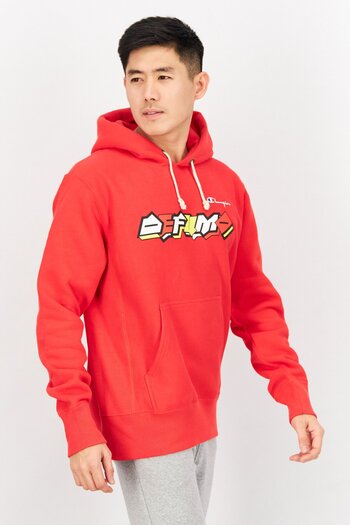 Champion Men Sportswear Fit Hooded Long Sleeve Outdoor Sweatshirts, Red Combo