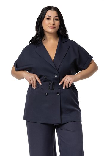 DISENTIS MODEST Navy Blue Double Breasted Jacket and Pants Set - Half Sleeve, Belt, Plus Size