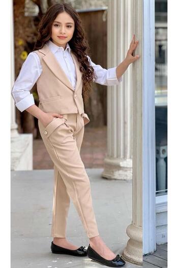 Riccotarz Girl's Silver Button Detailed Vest Gabardine White Shirt Cream Bottom Top Set