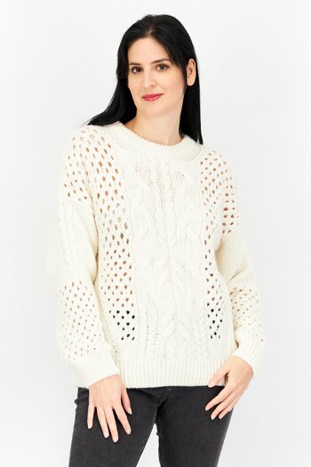 Esprit Women Ribbed Collar Long Sleeve Knitted Sweaters, Beige