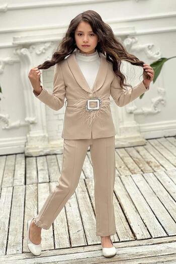 Riccotarz Girl's Ruffle Collar Tulle Stand Collar Sweater Blazer Jacket Gray Cream Bottom Top Set