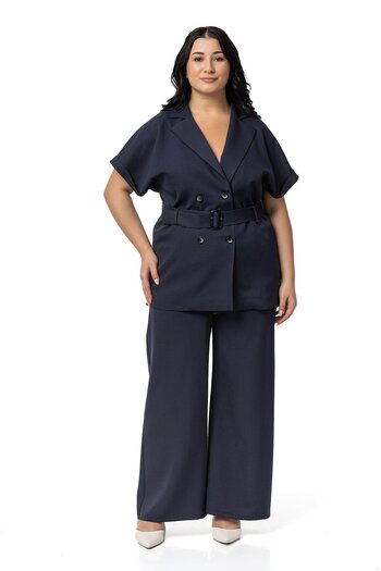 DISENTIS MODEST Navy Blue Double Breasted Jacket and Pants Set - Half Sleeve, Belt, Plus Size