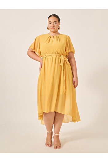 Styli Plus Size Plain Belted High-Low A-Line Maxi Dress