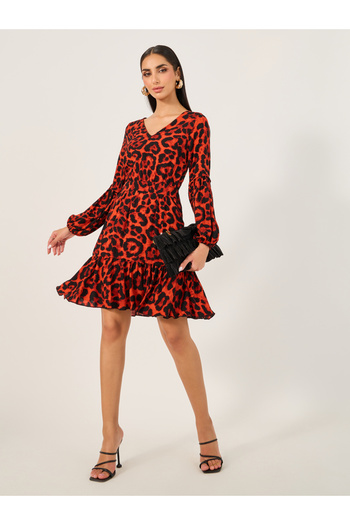 Styli Animal Print V Neck A-Line Mini Dress