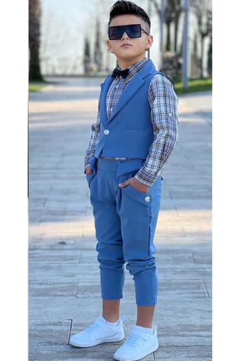 Riccotarz Boy's Silver Button Detailed Vest Bow Tie Plaid Striped Shirt Blue Bottom Top Set