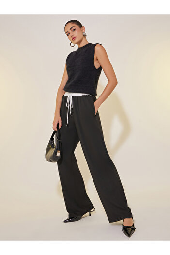 Styli Solid Loose Fit Lace Detail Pants with Drawstring