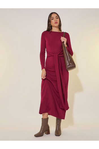 Styli Solid Tie-Up Waist Detail Long Sleeve Maxi Dress