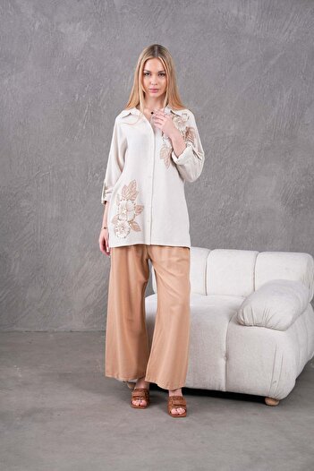 MVStore Women's Floral Patterned Embroidered Linen Shirt and Trousers