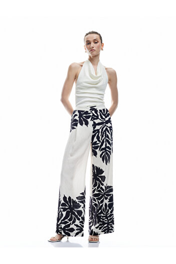 Koton Viscose Fabric Wide Leg Floral Palazzo Trousers with Pockets