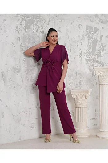 Butik Nilyam Women's Plus Size Double Breasted Lapel Chiffon Sleeve Button Detail Evening Dress Suit 24723