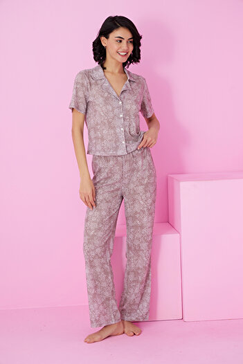 Siyah İnci Coffee Flower Print Pointel Openwork/Hole Shirt Collar Knitted Button Pajama Suit