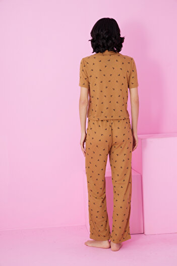 Siyah İnci kahve kelebek desenli Pointel Ajurlu/Delikli Gömlek Yaka Örme Düğmeli Pijama Takım