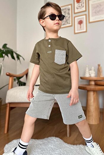 Riccotarz Boy's Cover Pocket Button Detailed Khaki T-Shirt Striped Rope Detailed Shorts Suit