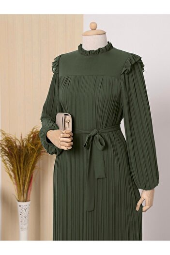 Modamorfo Tie Waist Chiffon Dress with Piece Sleeves - Khaki
