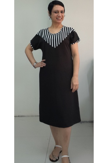 Mertcan Butik Black Front Black and White Color Block Size with the Whole Came Low Arm Combed Viscose Dress
