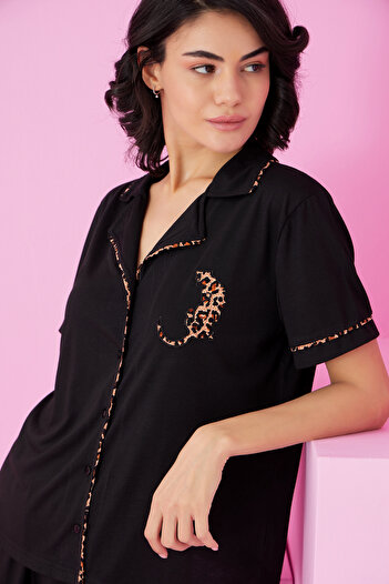 Siyah İnci Black Shirt Collar Leopard Embroidered Buttoned Bias Short Sleeve Viscose Shorts Set