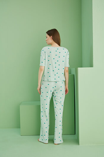 Siyah İnci yeşil kalp baskılı Fitilli Kaşkorse Örme Pijama Takım