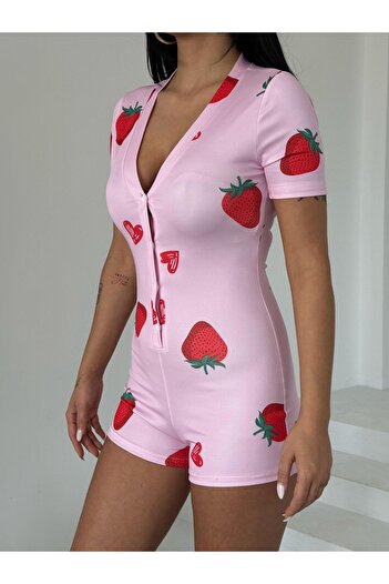winmoda Printed and Buttoned Nightwear Jumpsuit / Homewear Pajamas Comfortable Use Short Sleeve Jumpsuit