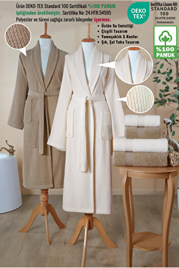 Ellaline 6 Piece Striped Bathrobe Set 100% Cotton Certified, Shalyaka Family Dowry Bathrobe Set Brown Cream