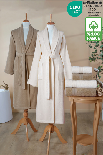 Ellaline 6 Piece Striped Bathrobe Set 100% Cotton Certified, Shalyaka Family Dowry Bathrobe Set Brown Cream