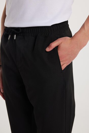 Tudors Men's Regular Fit Elastic Waist Lace-Up Jogger Black Trousers Relaxed Fit Side Pockets