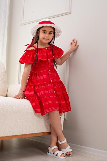 Seltay Girl's Summer Off-The-Shoulder Flounce Dress and Hat Set (Ages 2-5)